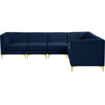 Meridian Furniture - Alina Velvet Modular L-Shaped Modular Sectional, Navy, 6-Piece: 3 Armless Chair, 3 Corner Chair - Bring modern beauty to your space with the addition of this Alina Velvet Modular sectional. This beautiful sectional features deep channel tufting to ramp up its visual interest and add to its resilient demeanor. Its soft navy velvet upholstery blends nicely with existing elements in your room and is sleek to the touch, making this seat a super comfortable one. Part of the modular Alina collection, this sectional has a latch that attaches it to other pieces to create your custom seating arrangement.