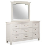 Magnussen - Magnussen Willowbrook Drawer Dresser with Mirror in Egg Shell White - Charming and chic, Willowbrook combines a soft and casual Egg Shell White finish with classic forms to create a soothing atmosphere that relaxes mind and body. Create a serene setting with vintage silhouettes featuring breakfront shaping on the dresser, panel bed headboard and mirror, and tarnished silver hardware including a decorated knob and elegant bail pull. Crafted of Birch Veneer and Hardwood Solids with a subtle gray wash over the creamy finish, Willowbrook is at home in settings from cottage to coastal and from traditional to soft modern. The stunning panel bed has a storage footboard option with two drawers and a wood-framed upholstered headboard. Three nightstand options are offered including a two-drawer nightstand, one-drawer nightstand with two shelves, and a door bachelor's chest. The functional door chest has a sliding wood door with wood shelves behind, five left drawers with felt-lined top drawers and one bottom drawer. From beaches to the countryside, and from mountain valleys to suburban trails, Willowbrook is a relaxing destination for the end of each day's journey.