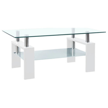 vidaXL Coffee Table End Table with Storage White and Transparent Tempered Glass