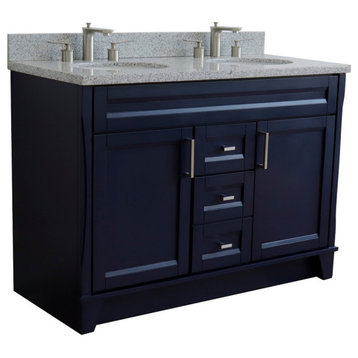 48" Double Sink Vanity, Blue Finish With Gray Granite And Oval Sink