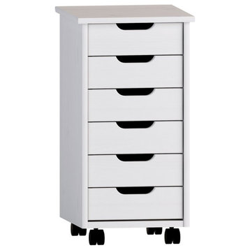 Riverbay Furniture Six Drawer Wood Rolling Storage Cart in White Wash