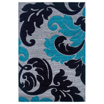 Linon Corfu Damask Frieze Yarn Pile 8'x10'3" Area Rug in Grey & Turquoise