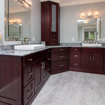 Transitional Cabico Unique Cherry Cordovan Master Bath Remodel with River White