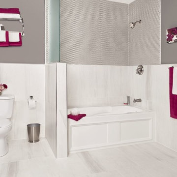Grey and magenta with white marble floor