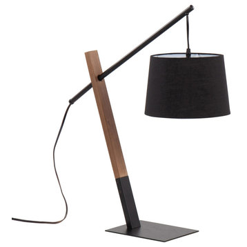 Archer Table Lamp, Black Metal, Walnut Wood, Black Linen