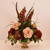 Burgundy and Tan Silk Flower Arrangement with Feathers