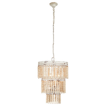 Tiered White Metal and Natural Wood Bead Chandelier