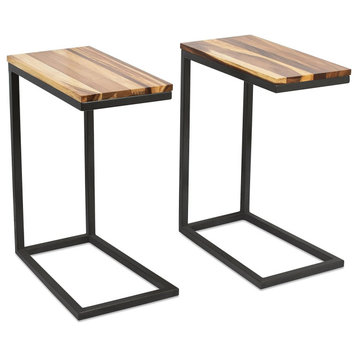 Set of 2 Industrial Side Table, C-Shaped Design With Acacia Wood Top, Natural