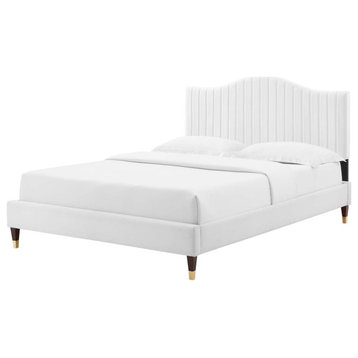 Tufted Platform Bed Frame, King Size, Velvet, White, Modern Contemporary
