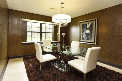 Example of a mid-sized trendy travertine floor kitchen/dining room combo design in Houston with brown walls and no fireplace