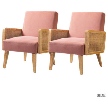 Cane Accent Chair With Rattan Arms Set of 2, Blush