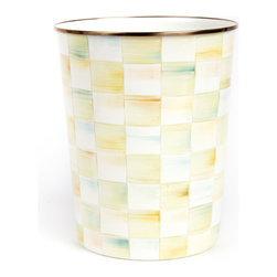 Parchment Check Enamel Waste Bin | MacKenzie-Childs - Wastebaskets