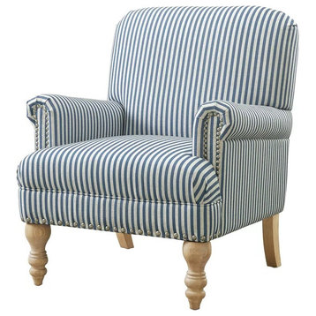 Classic Accent Chair, Turned Feet and Rolled Arms With Nailhead Trim, Blue Stripe