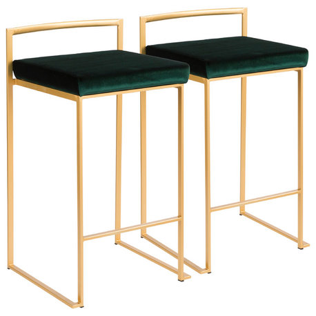 LumiSource Fuji Counter Stool Set of 2, Green Velvet Cushion, Gold Frame