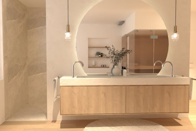 ドレスデンにある地中海スタイルのおしゃれな浴室 (木目調タイルの床、フローティング洗面台) の写真