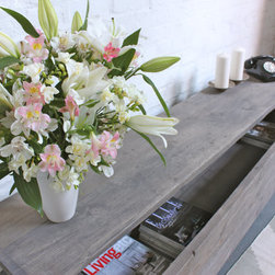 Joanna Reclaimed Grey Washed Scaffolding Board Low Bench with Wheel Out Drawer - Media Storage & Media Units