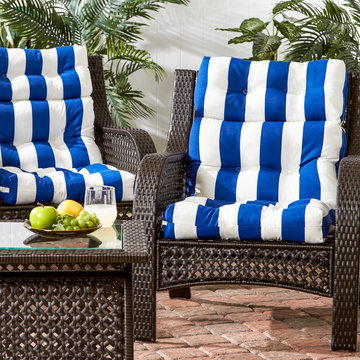 Wicker Woven Chairs with White and Blue Stripe Cushions