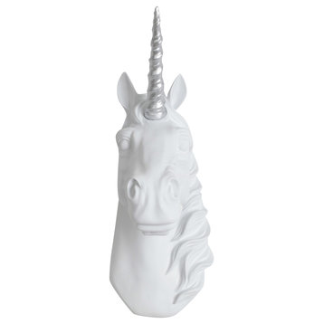 Mini Faux Unicorn Head Wall Mount Sculpture, Silver Antlers