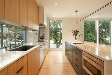 Example of a large minimalist medium tone wood floor kitchen design in San Francisco