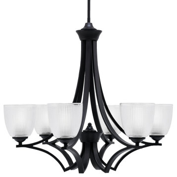 Zilo 6 Light Chandelier, Matte Black Finish With 5" Clear Ribbed Glass