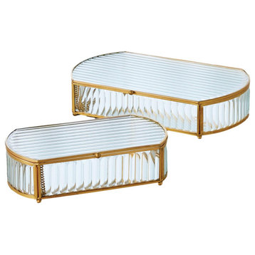 Vintage Style Ribbed Glass Decorative Box Reeded Gold Edge Oval, 2-Piece Set