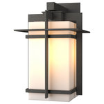 Hubbardton Forge - Tourou Downlight Large Outdoor Sconce, Coastal Natural Iron Finish, Opal Glass - Although the design is in honor of traditional Japanese stone lanterns, our Tourou Outdoor Sconce is much easier to mount on the outside of your home or business. Metals bands crisscross and hug the square glass tube for design flare.