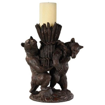 Candle Holder Helping Bears Candlestick Rustic Hand Painted OK