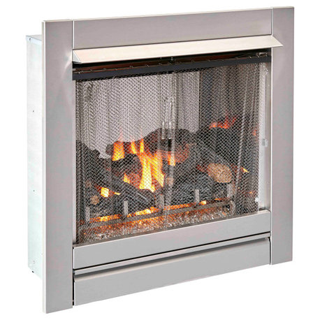 Ventless Stainless Outdoor Gas Fireplace Insert With Glass Media and Log Set