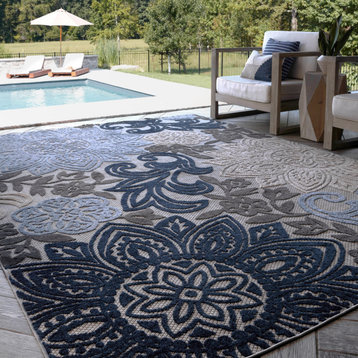 Omalley Modern Floral Area Rug, Blue & Gray, 8'10'' X 12'2''