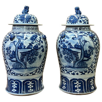 Pair of Chinese Blue White Porcelain Flower Bird Graphic Temple Jars Hws2550