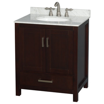 30" Single Vanity,Espresso, White Carrara Marble Top, Undermount Oval Sink