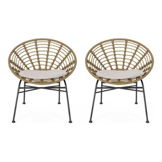 Keegan Outdoor Wicker Dining Chair with Cushion (Set of 2) Light Brown / Beige