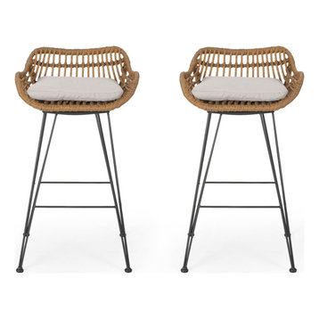 Lisa Outdoor Wicker Barstools with Cushions, Set of 2, Light Brown/Black/Beige