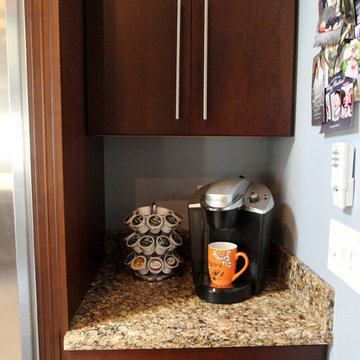Transitional Cherry Kitchen with Tempered Rain Glass Backsplash