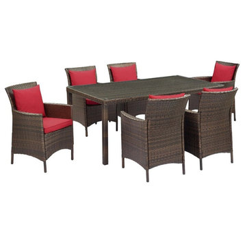 Modway Conduit 7-Piece Modern Rattan Outdoor Dining Set in Brown/Red