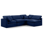 Meridian Furniture - Indulge Upholstered Modular L-Shaped Sectional, Navy, 4-Piece: 2 Armless Chair, 2 Corner Chair, Down Stuffed Velvet - Experience ultimate comfort and style with our navy velvet Indulge Sectional. The luxurious velvet will elevate the aesthetic of any room. This sofa provides ample space for you to relax while its modular build offers the option of unlimited configurations. Whether you're looking to add a stylish element to your living room or a comfortable seating option to your bedroom, this sofa is the perfect choice.