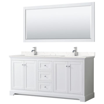 72, Double Vanity, White, Light-Vein Marble Top, SQ Sinks, 70, Mirror