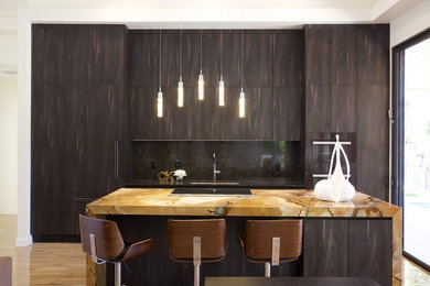 Inspiration pour une grande cuisine minimaliste en bois foncé avec un évier encastré, un plan de travail en quartz, un électroménager noir et îlot.