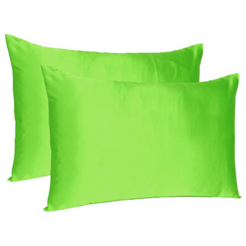 Bright Green Dreamy Set Of 2 Silky Satin Queen Pillowcases