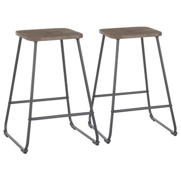 Zac Industrial Counter Stool, Black Metal and Espresso Wood, Set of 2