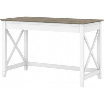 Rectangular Desk, Pure White Base With X-Shaped Side Accents & Shiplap Gray Top