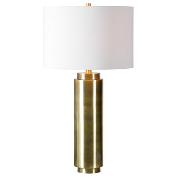 Modern Table Lamp, Cylindrical Metal Base With Beige Cotton Shade, Bright Nickel