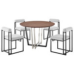 Armen Living - Joana Anastasia Black Iron, Light Gray Fabric Walnut Dining Table 5-Piece Set - Make a modern and sophisticated statement with our Joana Anastasia 5 Piece Dining Set by Armen Living. This set includes 1 Joana Round Walnut Dining Table with a mixed metal base and 4 Anastasia Dining Chairs in Fabric and Metal. The crisp lines and a compelling blend of materials and finishes bring eye-catching charm and elegance to this dining set. The round tabletop features a classic walnut veneer to showcase the rich finish and natural textures of the wood. The 48" round tabletop rests upon a clean-line, geometric base to offer a sleek and modern design. Our dining table can serve as a stunning companion to the striking and stylish Anastasia dining chairs. A cylindrical cushion is beautifully balanced upon its airy frame to offer comfortable back support. Its cushioned backrest and padded seat showcase a neat channeling detail that provides texture for a chic and inviting look. The Anastasia chair is upholstered in performance fabric to offer easy care and maintenance. Altogether this dining set serves as a fashionable and versatile fit to your kitchen, dining, or living space. This dining set features high-quality materials and craftsmanship to create a sturdy foundation for dinners, conversations, and activities. The Joana Anastasia 5 Piece Round Walnut Dining Table Set is available in matching finishes and a variety of colors, or sold separately to achieve any look you desire.