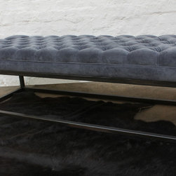 Hana Velvet Deep Buttoned Grey Velvet and Box Section Pipe Bench/Footstool - Upholstered Benches