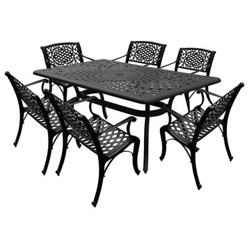 7 Pieces Outdoor Dining Set, Ornate Design Constructed With Aluminum, Black