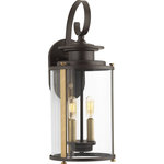 Progress Lighting - Squire Collection 2-Light Medium Wall Lantern, Antique Bronze - Squire lanterns feature a classic traditional profile with clean, modern metal fittings. Accented with contrasting metallic elements, the cylindrical frame is comprised of a clear glass diffuser. Uses Two 60 W Candelabra Base bulbs (not included).