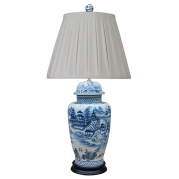 Chinese Blue and White Blue Willow Porcelain Temple Jar Table Lamp, 31.5"