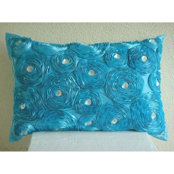 Blue Art Silk 12"x14" Ribbon Aqua Rose Flowers Pillows Cover, Aquamarine Roses