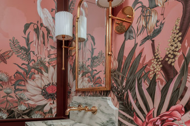 Bathroom - mid-sized zen 3/4 porcelain tile, black floor, single-sink and wallpaper bathroom idea in Philadelphia with red walls, marble countertops and multicolored countertops
