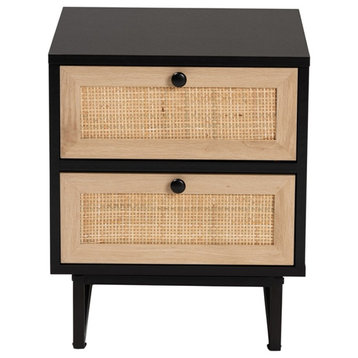 Baxton Studio Declan Espresso Brown Wood and Natural Rattan 2-Drawer End Table